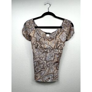 Studio Soleil Womens‎ Paisley Scoop Neck Tie Back Blouse Brown Blue Medium 3948